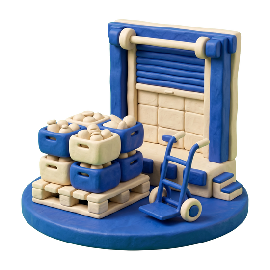 Wholesale grocer illustration in blue and ivory clay
