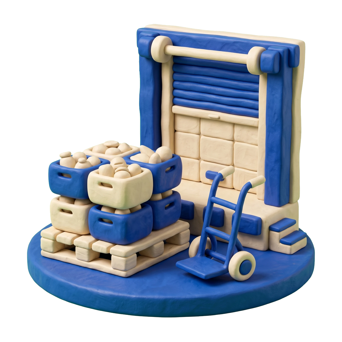 Wholesale grocer illustration in blue and ivory clay