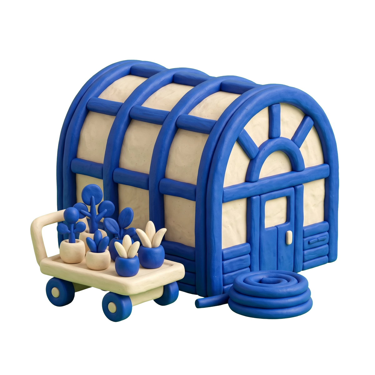 Wholesale plant nursery illustration in blue and ivory clay