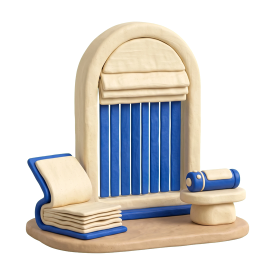 Window treatment store illustration in blue and ivory clay