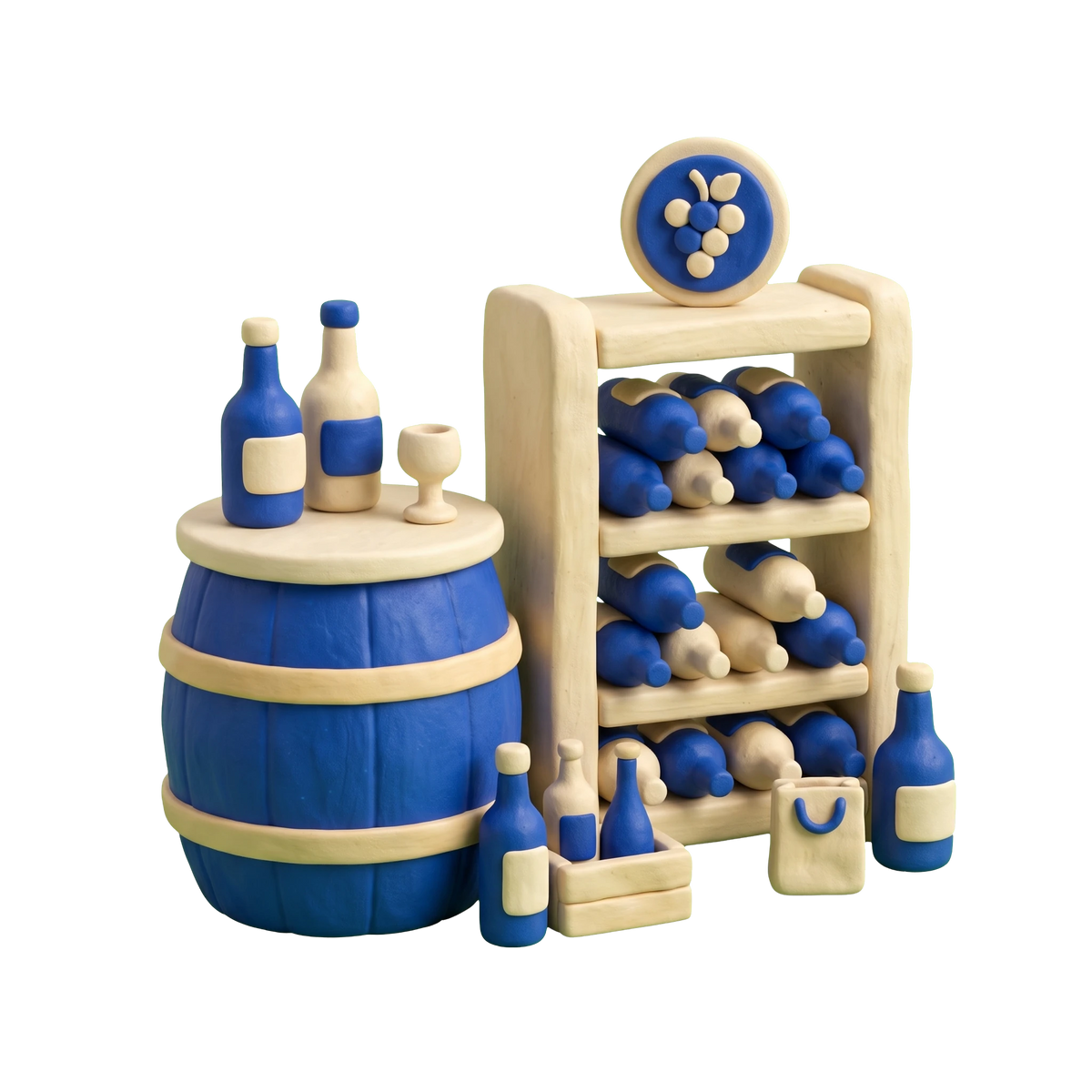 Wine store illustration in blue and ivory clay