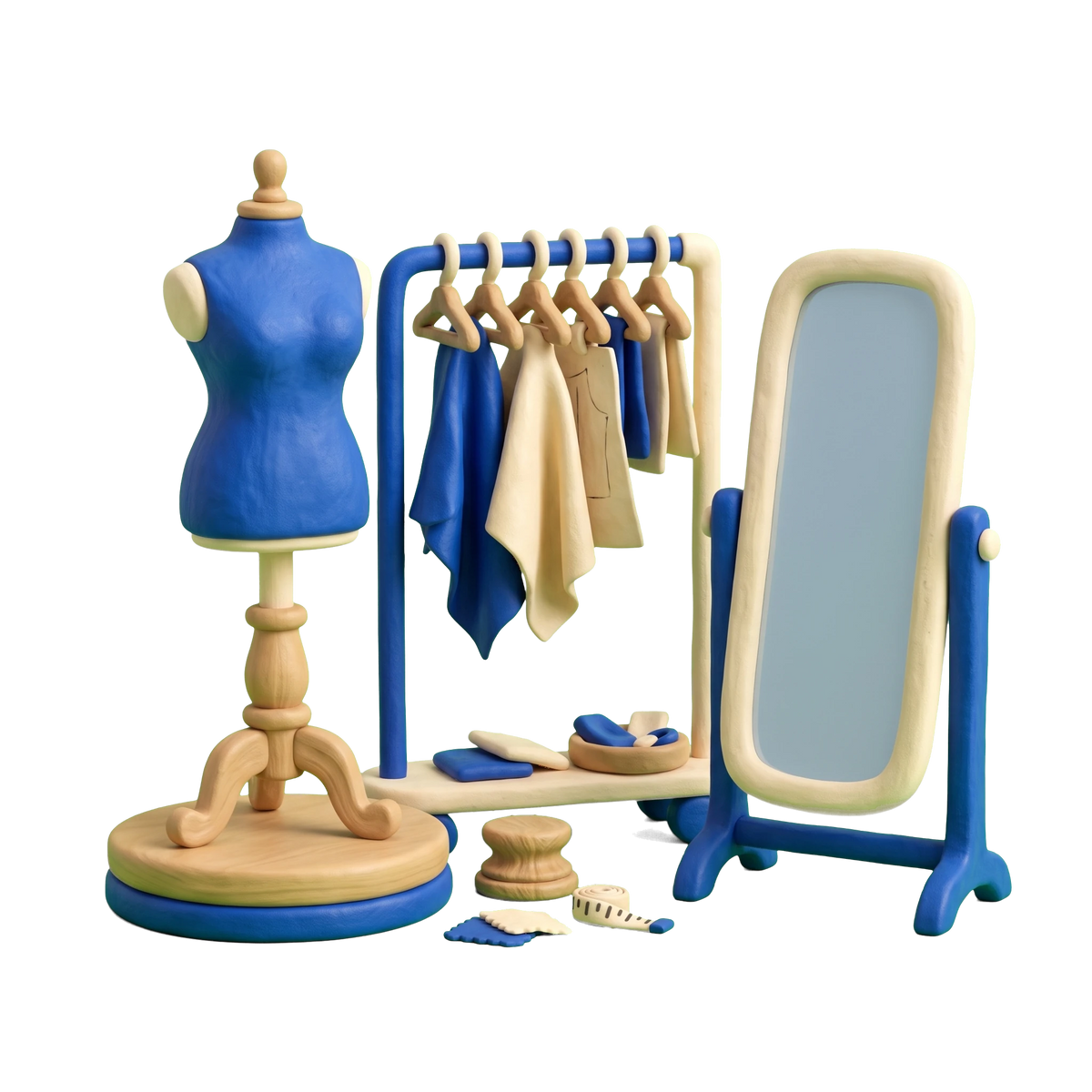 Women's clothing store illustration in blue and ivory clay