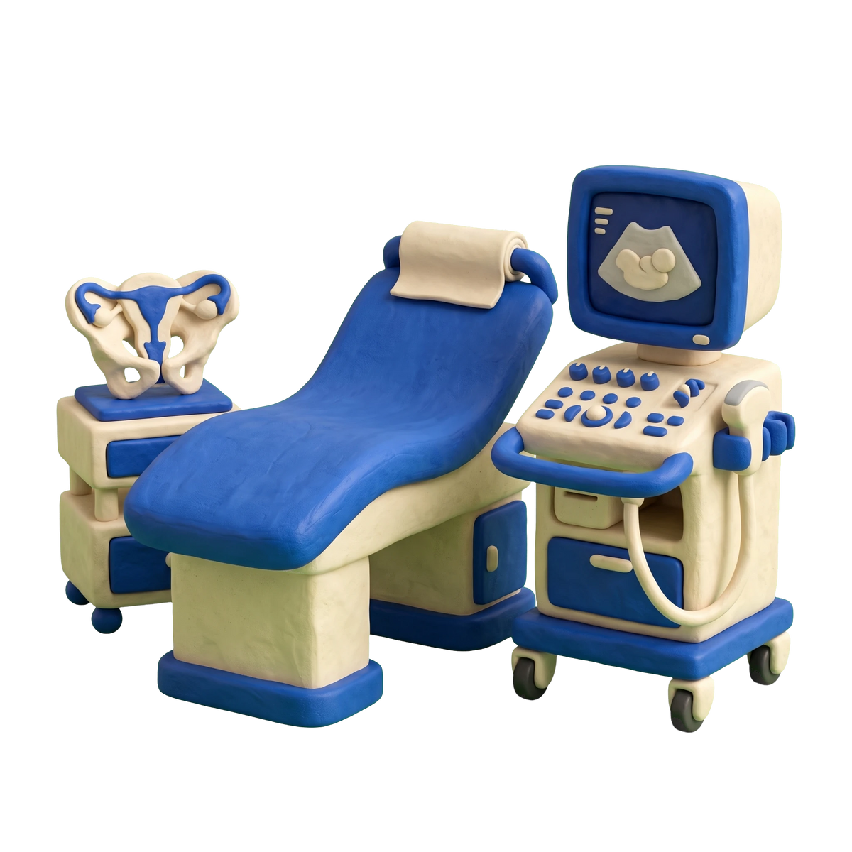 Women's health clinic illustration in blue and ivory clay