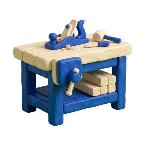 Woodworker illustration in blue and ivory clay