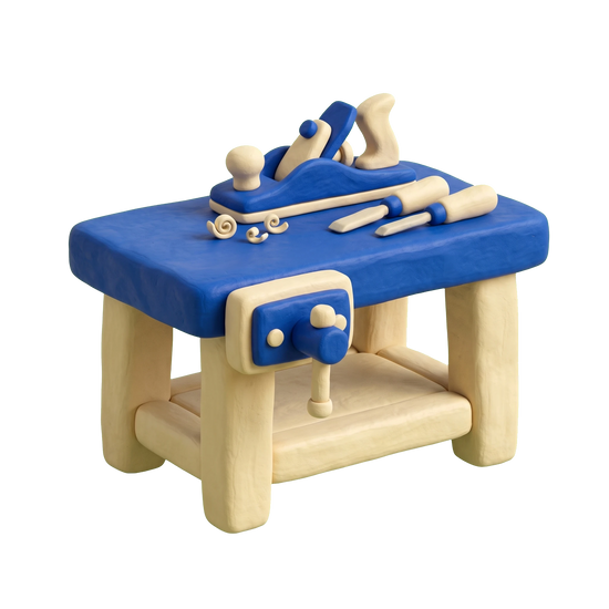 Woodworking supply store illustration in blue and ivory clay