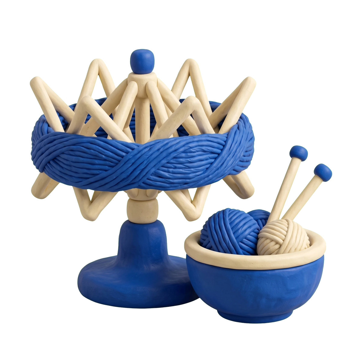 Yarn store illustration in blue and ivory clay