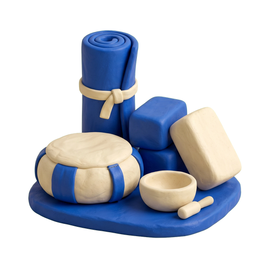 Yoga studio illustration in blue and ivory clay