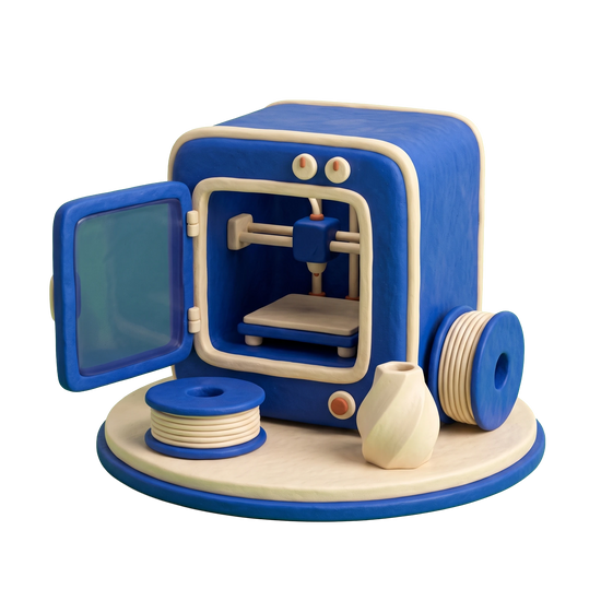 3D printing service illustration in blue and ivory clay