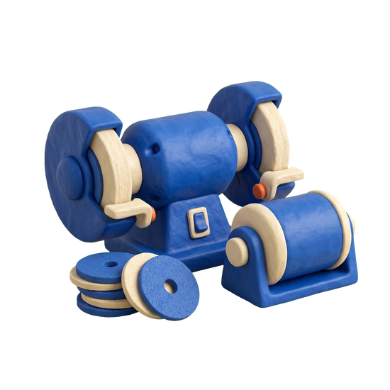 Abrasives supplier illustration in blue and ivory clay