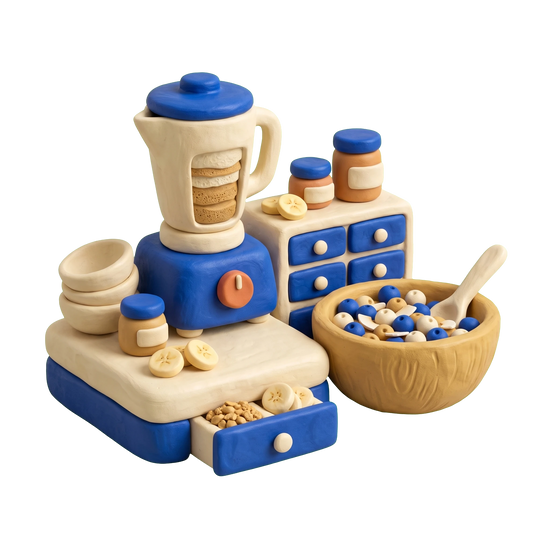 Açaí shop illustration in blue and ivory clay