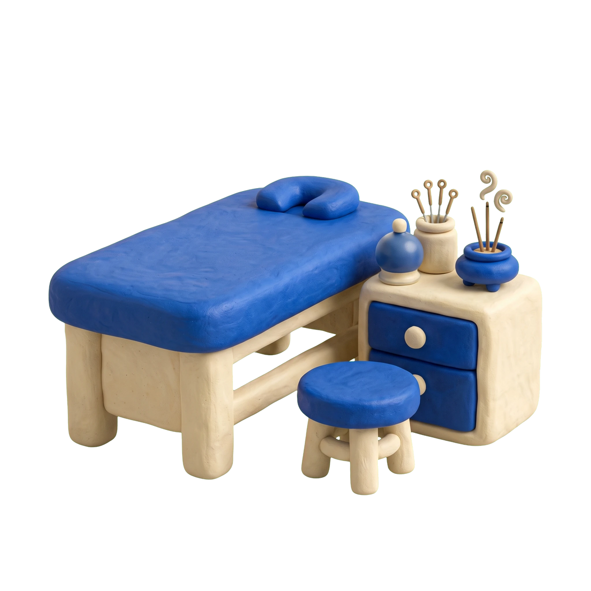 Acupuncturist illustration in blue and ivory clay