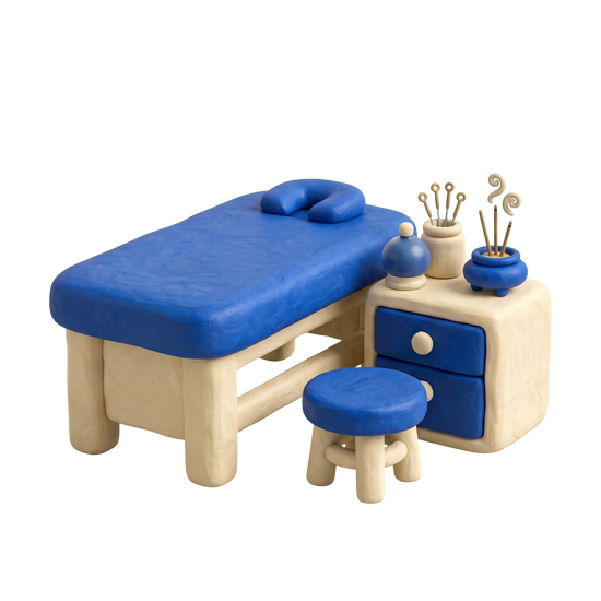 Acupuncturist illustration in blue and ivory clay
