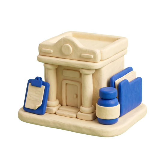 Addiction treatment center illustration in blue and ivory clay