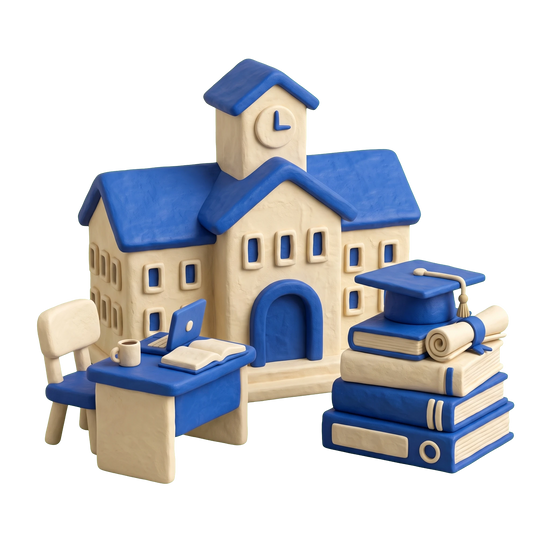 Adult education school illustration in blue and ivory clay