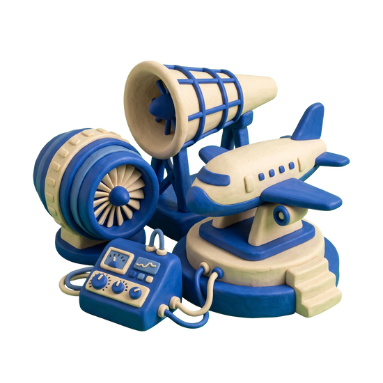 Aerospace company illustration in blue and ivory clay