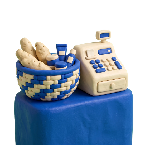 African goods store illustration in blue and ivory clay
