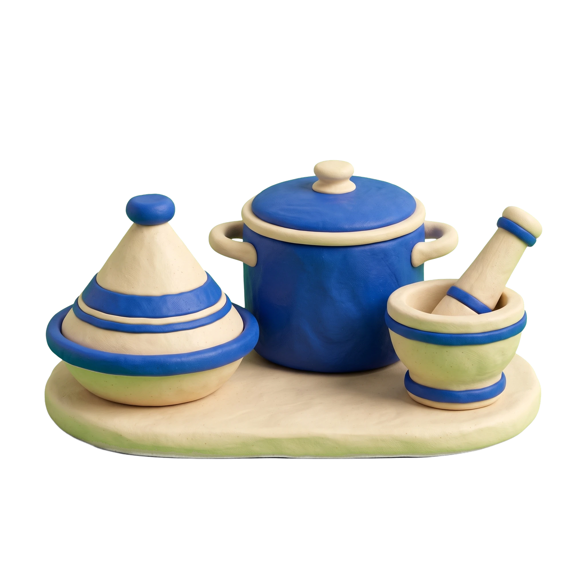 African restaurant illustration in blue and ivory clay
