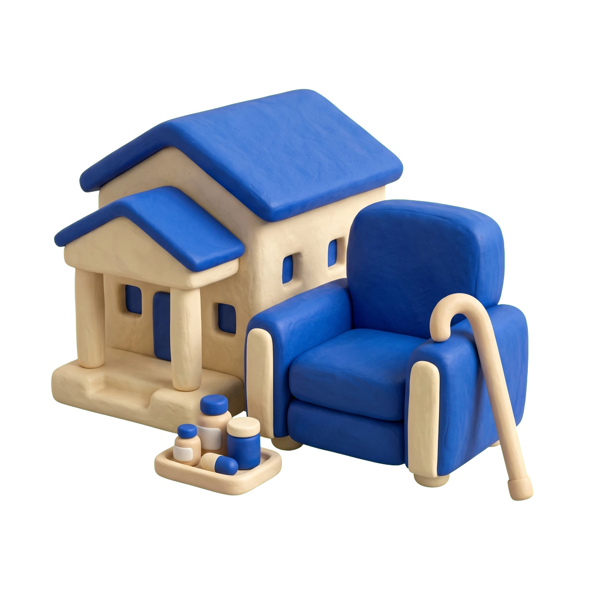 Aged care illustration in blue and ivory clay