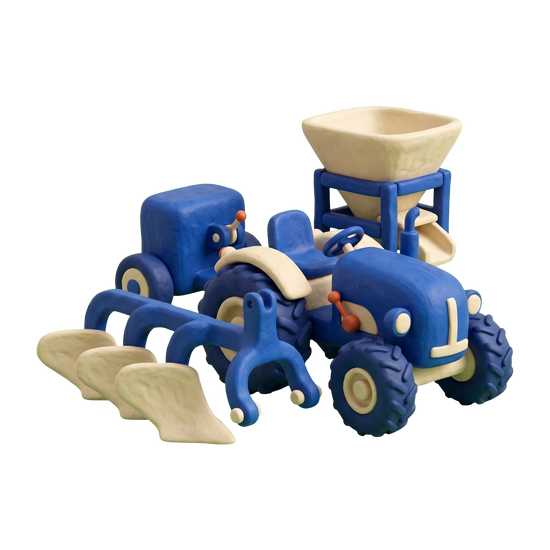 Agricultural machinery manufacturer illustration in blue and ivory clay