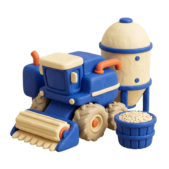 Agricultural production illustration in blue and ivory clay