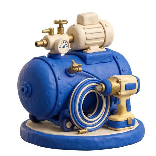 Air compressor repair service illustration in blue and ivory clay