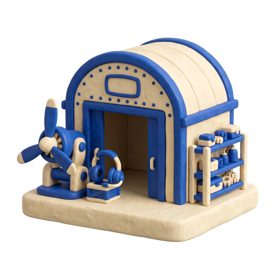 Aircraft supply store illustration in blue and ivory clay