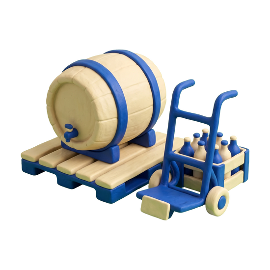 Alcoholic beverage wholesaler illustration in blue and ivory clay