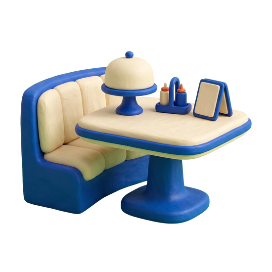American restaurant illustration in blue and ivory clay