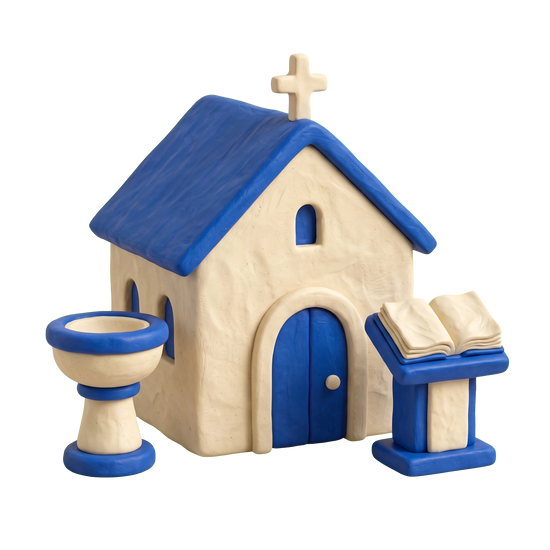 Anglican church illustration in blue and ivory clay
