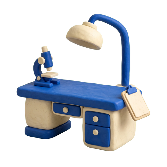 Animal hospital illustration in blue and ivory clay
