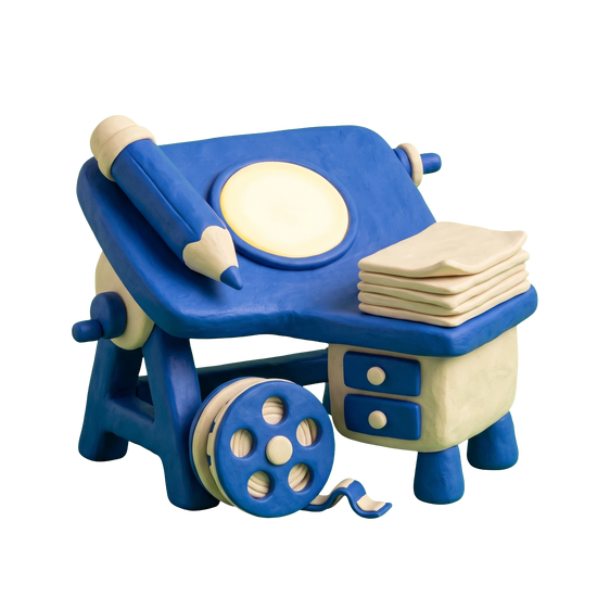 Animation studio illustration in blue and ivory clay