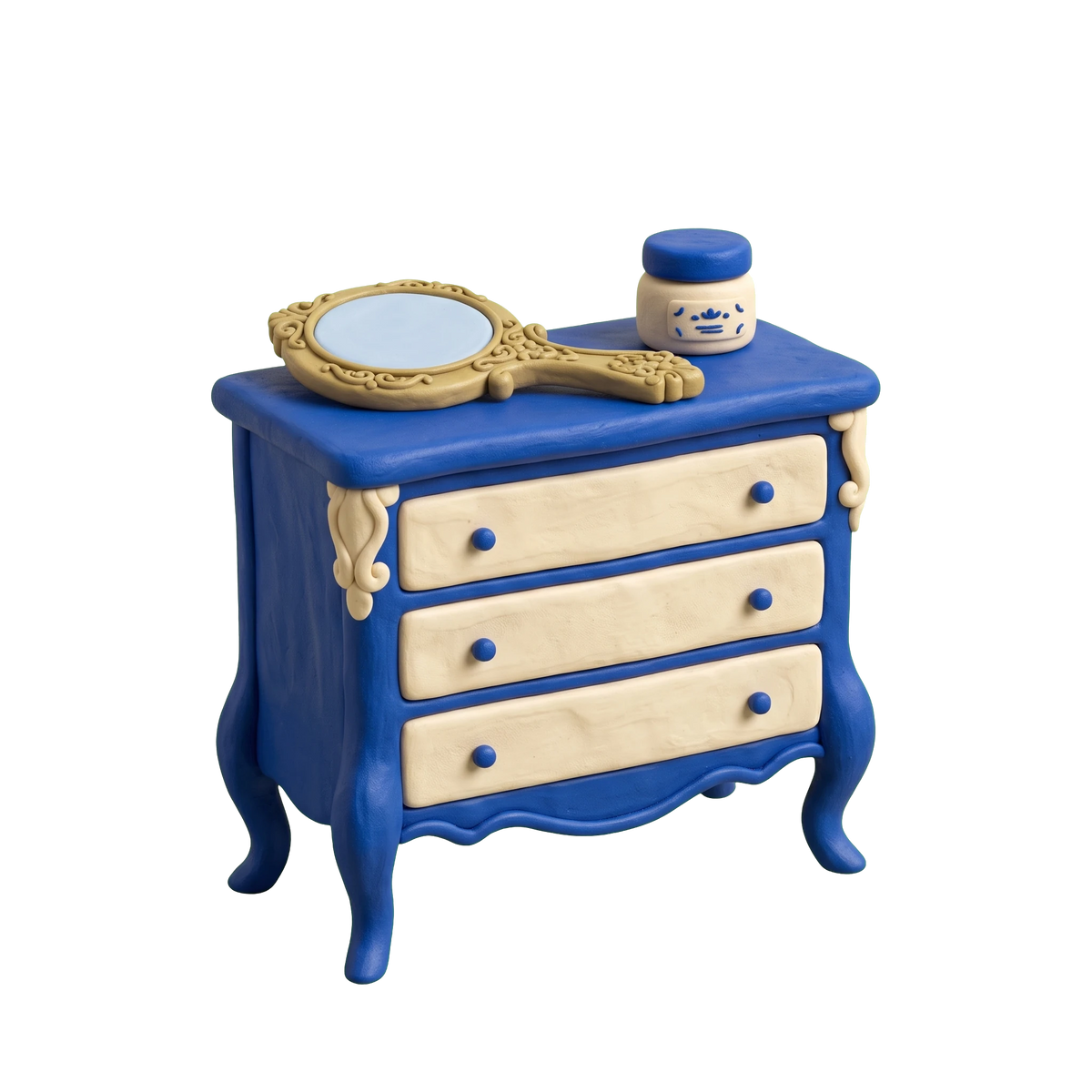 Antique furniture store illustration in blue and ivory clay
