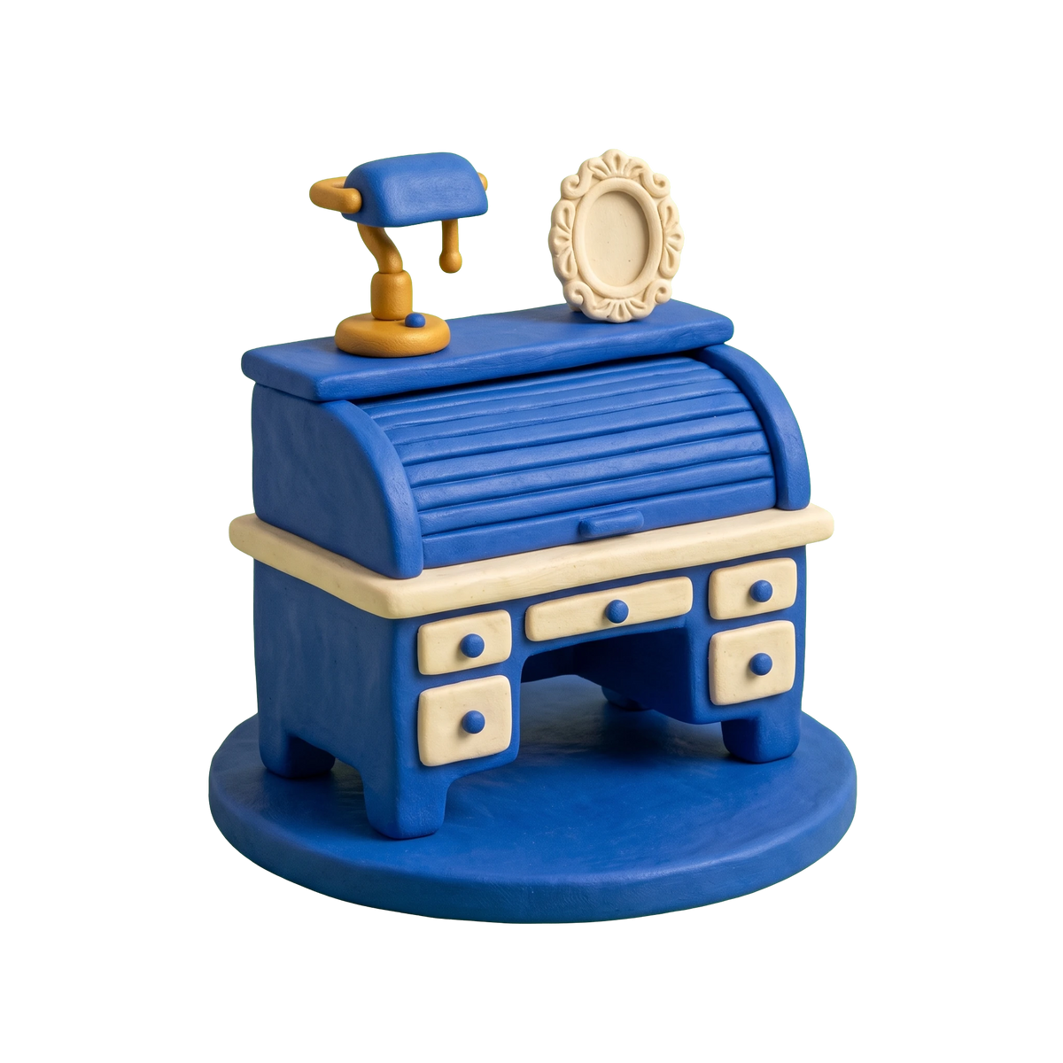 Antique store illustration in blue and ivory clay