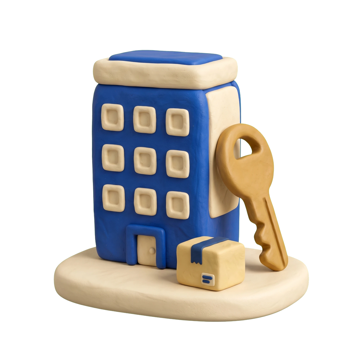 Apartment building illustration in blue and ivory clay
