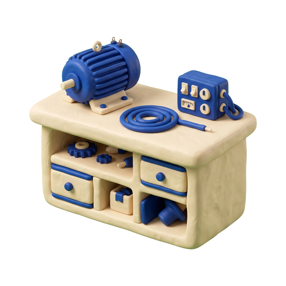 Appliance parts supplier illustration in blue and ivory clay