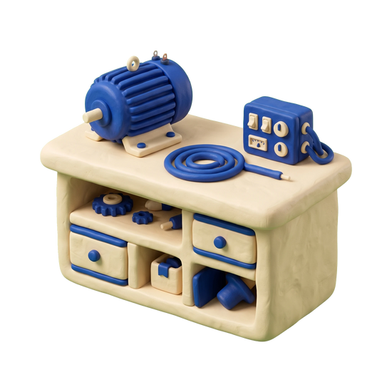 Appliance parts supplier illustration in blue and ivory clay
