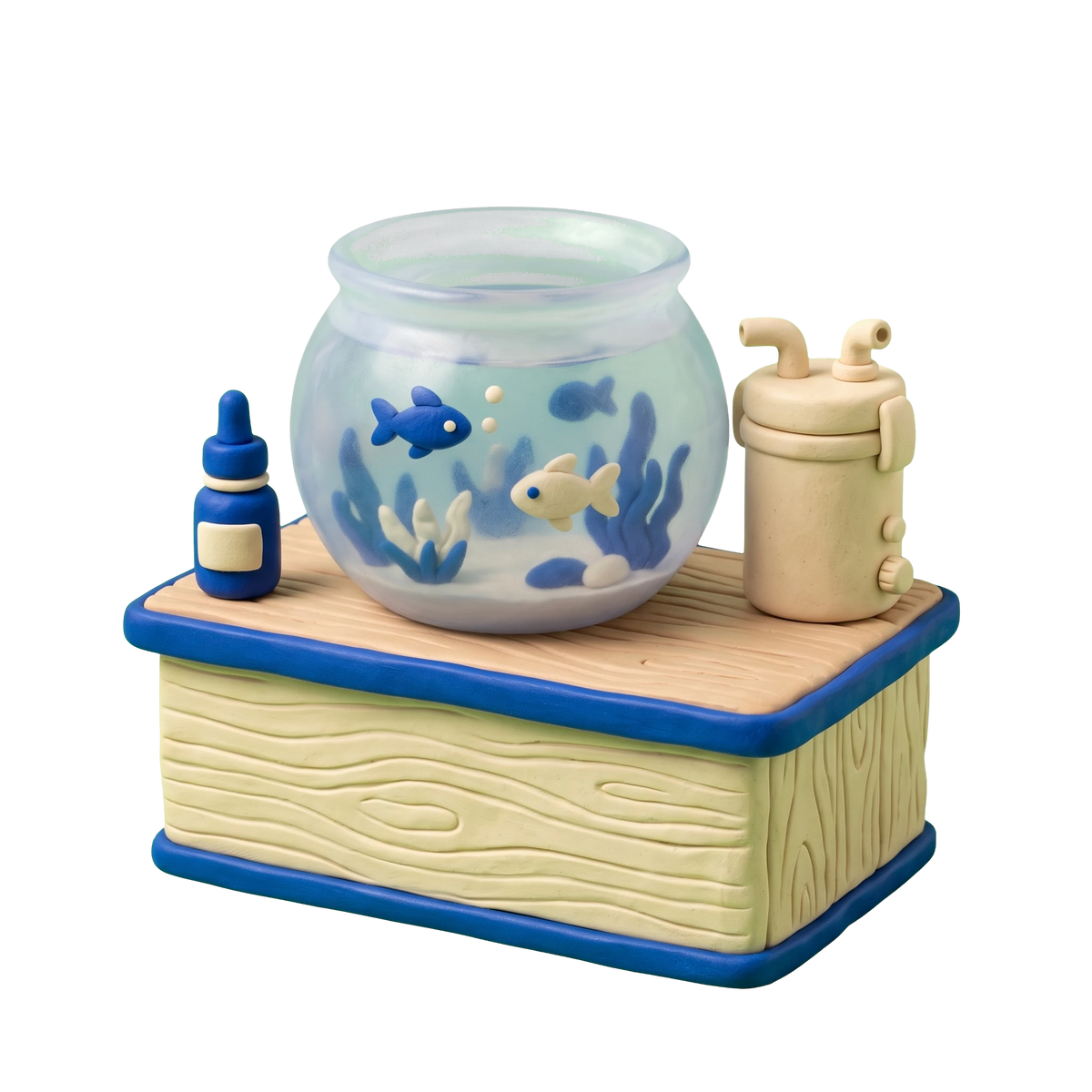 Aquarium shop illustration in blue and ivory clay