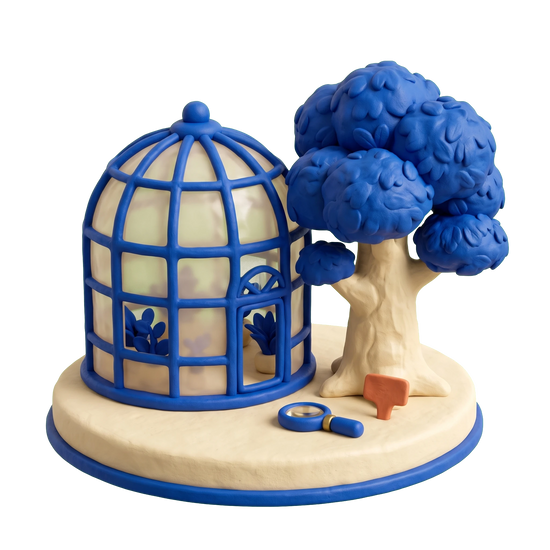 Arboretum illustration in blue and ivory clay