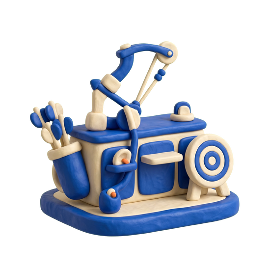 Archery store illustration in blue and ivory clay