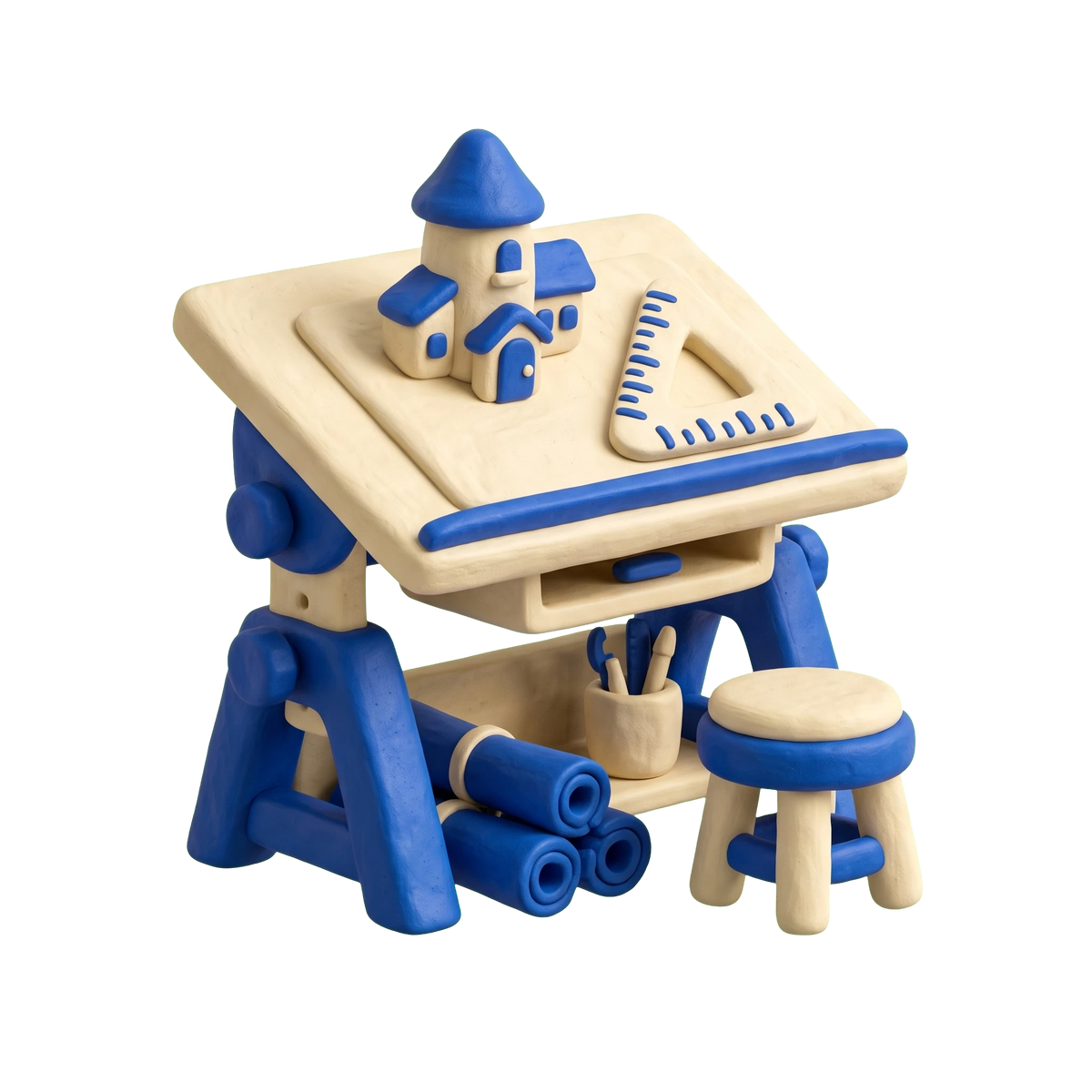 Architect illustration in blue and ivory clay