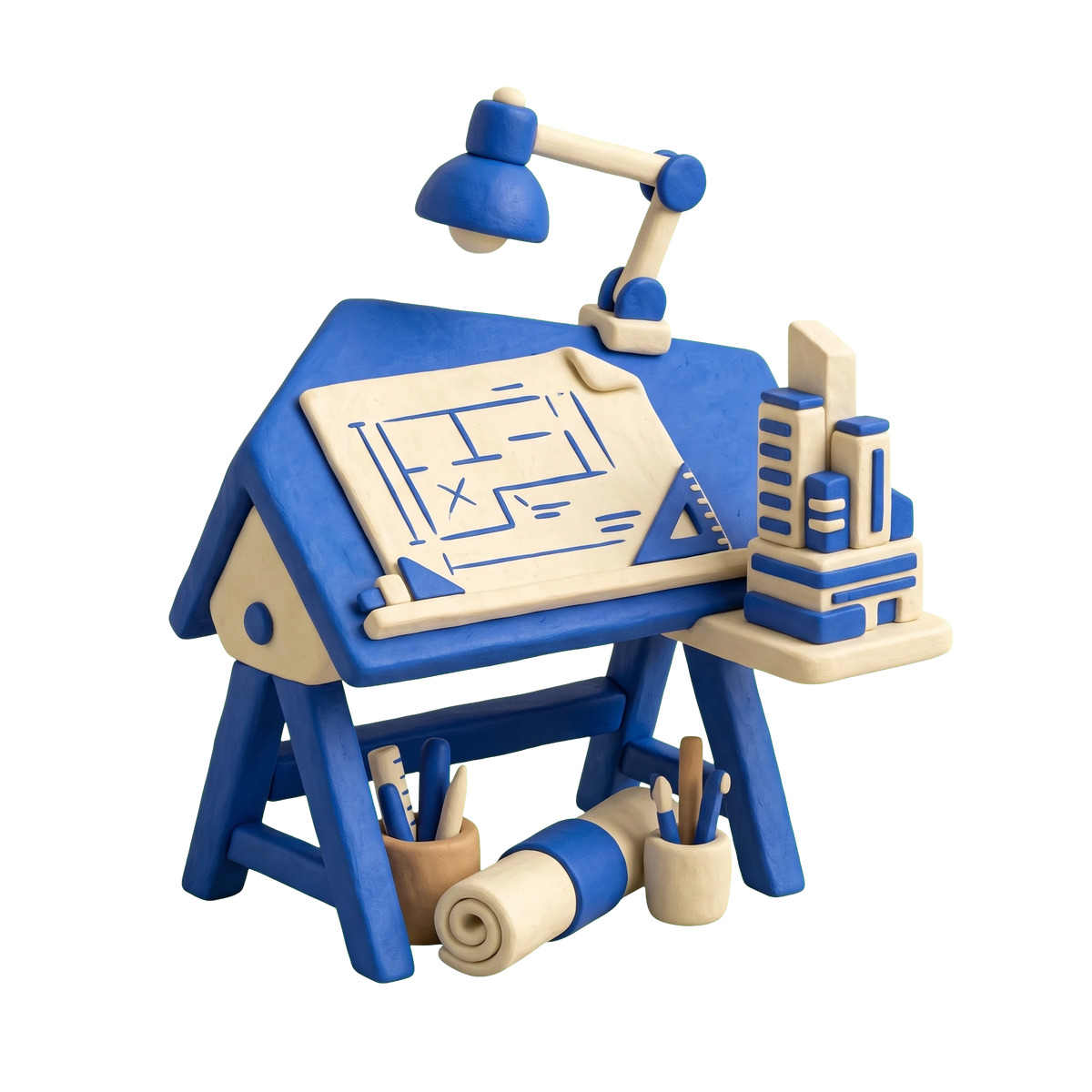 Architectural designer illustration in blue and ivory clay