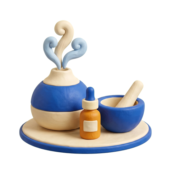 Aromatherapy service illustration in blue and ivory clay