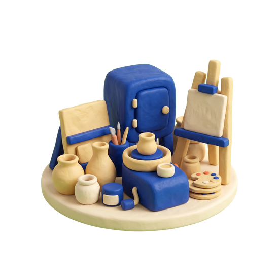 Art center illustration in blue and ivory clay