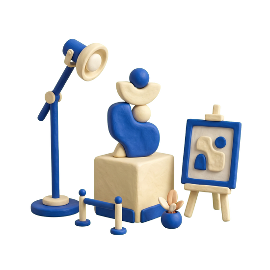 Art gallery illustration in blue and ivory clay