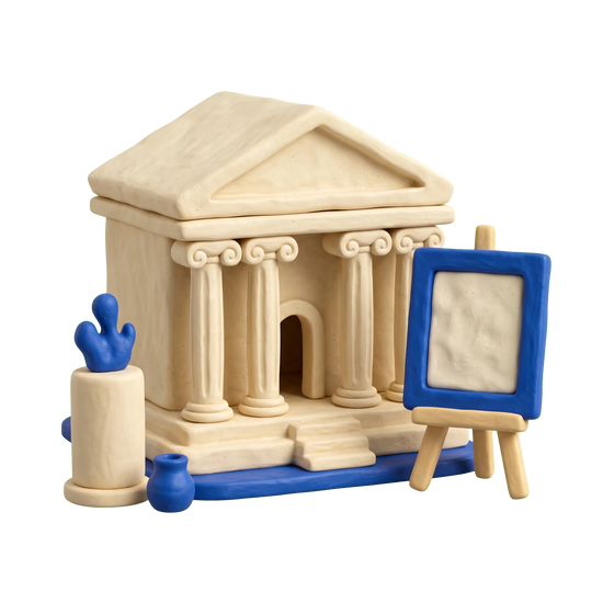 Art museum illustration in blue and ivory clay