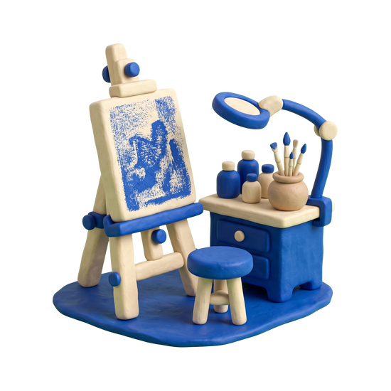 Art restoration service illustration in blue and ivory clay