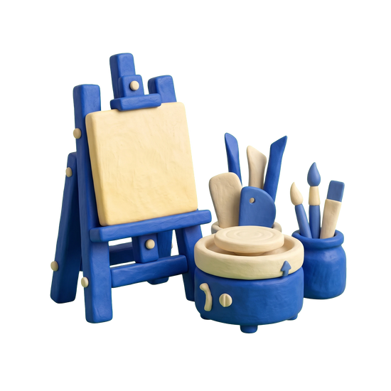 Art school illustration in blue and ivory clay