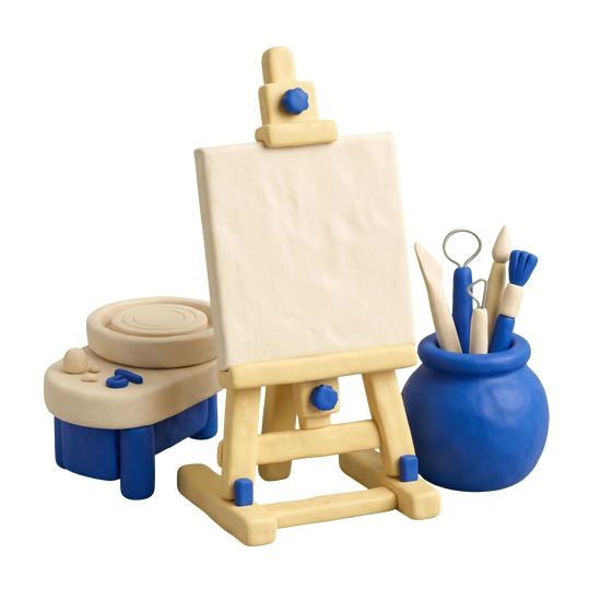 Art studio illustration in blue and ivory clay