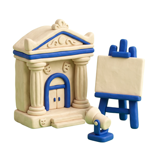 Arts organization illustration in blue and ivory clay