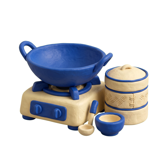 Asian fusion restaurant illustration in blue and ivory clay